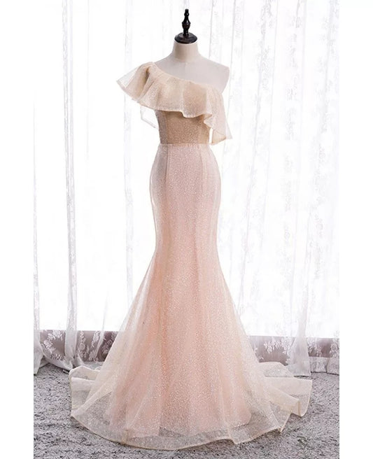 Beautiful pink pearl mermaid/trumpet shaped single shoulder sleeveless sequin evening dress with pink sheer ruffle edge, backless and ground length style, evening dress