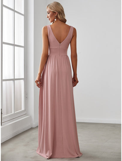 A-Line Prom Party Dress High Split Dress Wedding Guest Formal Evening Floor Length Sleeveless V Neck Bridesmaid Dress Chiffon V Back with Slit Pure Color