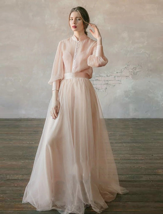 Two Piece Empire Minimalist Wedding Guest Formal Evening Birthday Dress Stand Collar Long Sleeve Floor Length Chiffon with Tier
