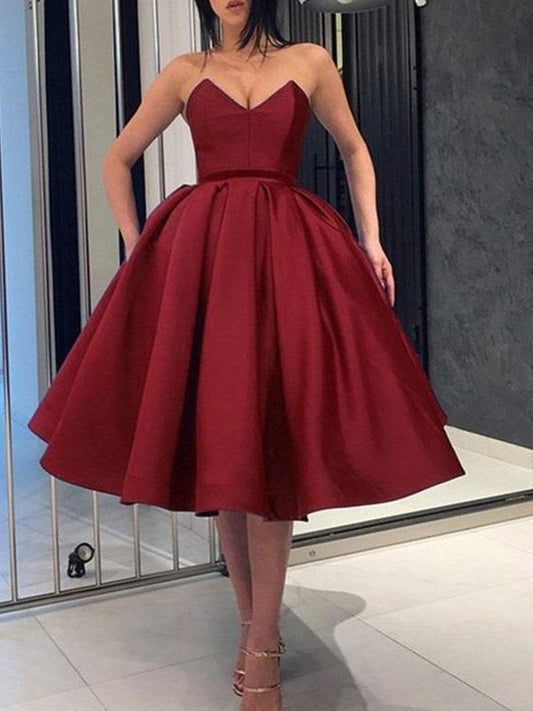 Ball Gown Satin Ruffles Sweetheart Sleeveless Knee-Length Homecoming Dresses