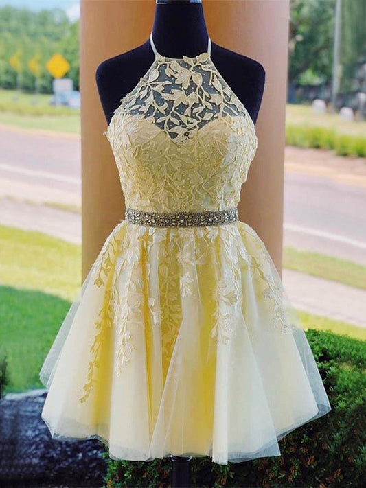 A-Line/Princess Tulle Halter Sleeveless Applique Short/Mini Homecoming Dresses