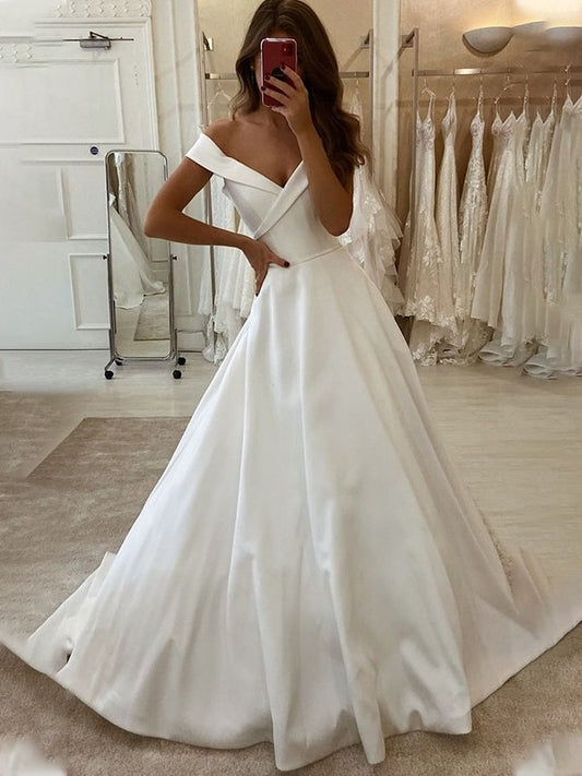 A-line Princess Satin Ruffle Edge Off Shoulder Sleeveless and Floor Length Wedding Dress