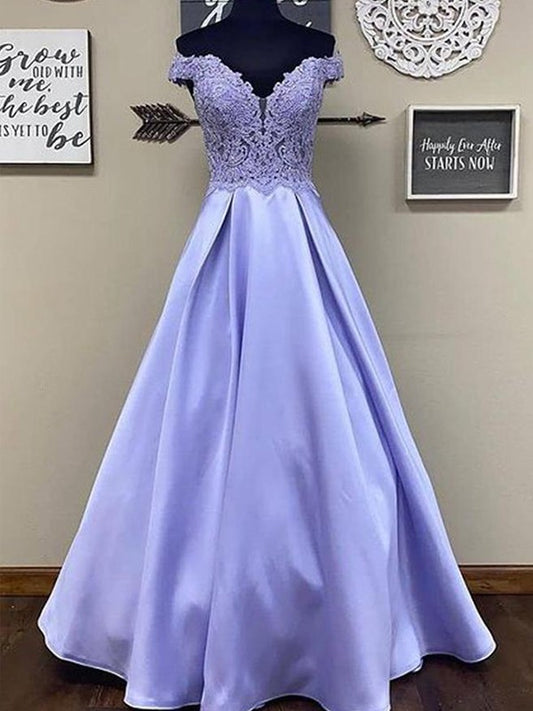 A-Line/Princess Satin Applique Off-the-Shoulder Sleeveless Floor-Length Dresses