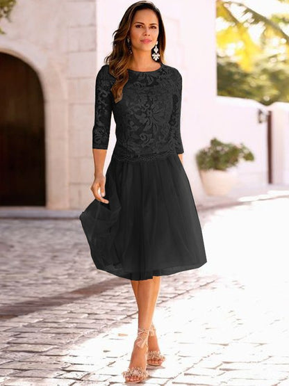 A-Line/Princess Tulle Applique Scoop 3/4 Sleeves Knee-Length Mother of the Bride Dresses