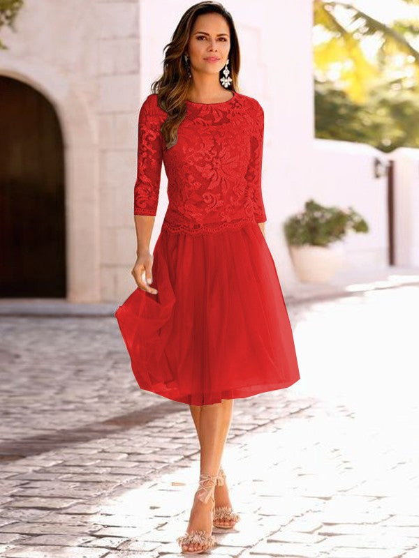 A-Line/Princess Tulle Applique Scoop 3/4 Sleeves Knee-Length Mother of the Bride Dresses