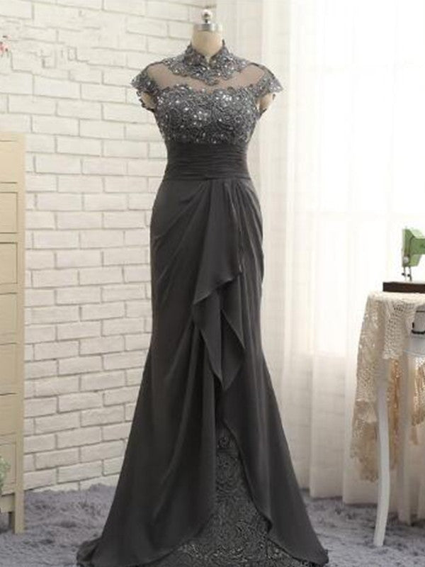 Sheath/Column Chiffon Lace High Neck Short Sleeves Sweep/Brush Train Mother of the Bride Dresses