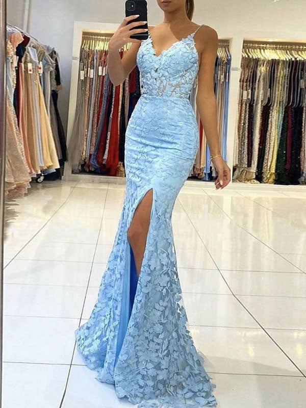 Sheath/Column Lace V-neck Sleeveless Sweep/Brush Train Dresses