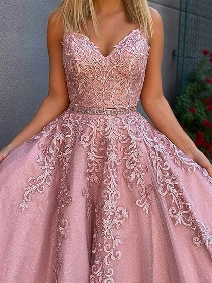 A-Line/Princess Tulle Applique V-neck Sleeveless Floor-Length Dresses