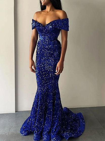 Trumpet/Mermaid Velvet Sequins Off-the-Shoulder Sleeveless Sweep/Brush Train Dresses