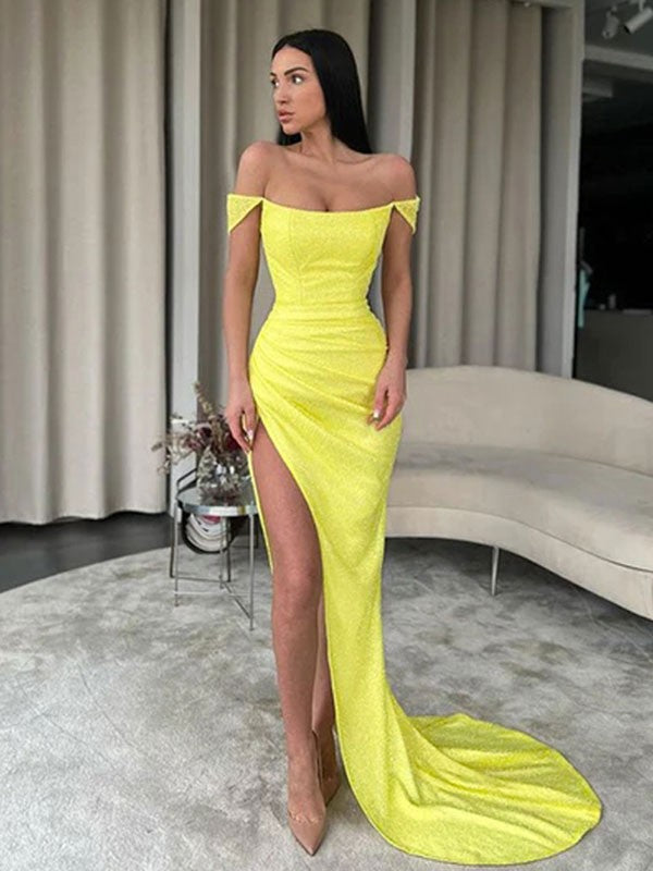 Sheath/Column Sequins Ruched Off-the-Shoulder Sleeveless Sweep/Brush Train Dresses