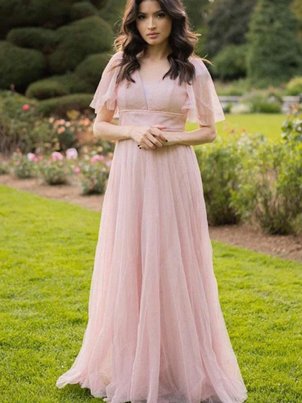 A-Line/Princess Tulle Ruched V-neck Short Sleeves Floor-Length Bridesmaid Dresses
