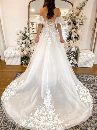 A-Line/Princess Tulle Applique Off-the-Shoulder Short Sleeves Chapel Train Wedding Dresses