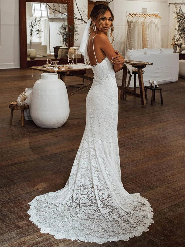 Sheath/Column Lace V-neck Sleeveless Court Train Wedding Dresses