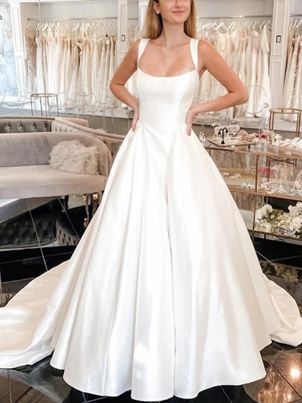 Ball Gown Satin Ruffles Straps Sleeveless Court Train Wedding Dresses