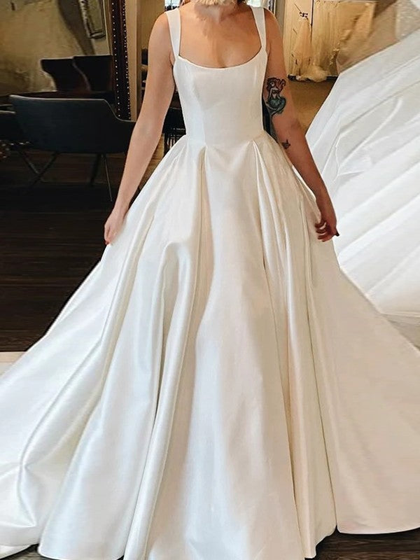 Ball Gown Satin Ruffles Straps Sleeveless Court Train Wedding Dresses