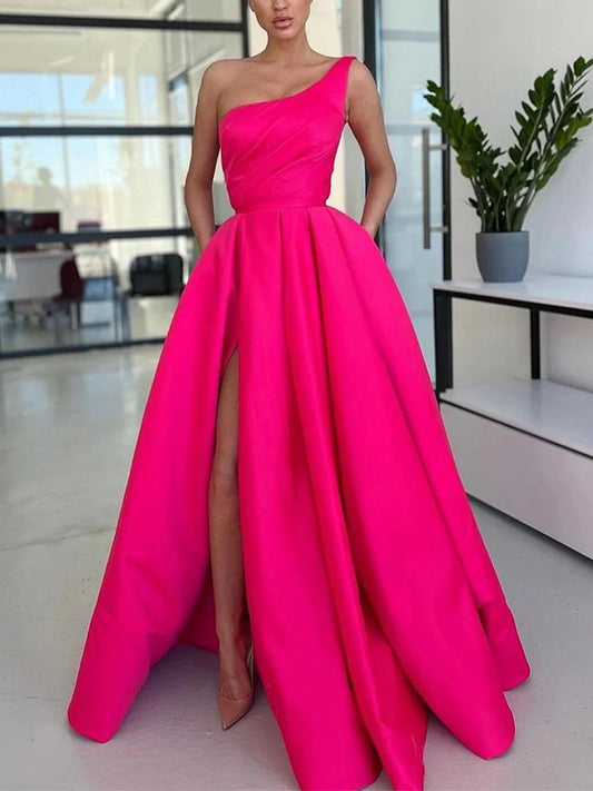 A-Line/Princess Satin Ruched One-Shoulder Sleeveless Floor-Length Dresses