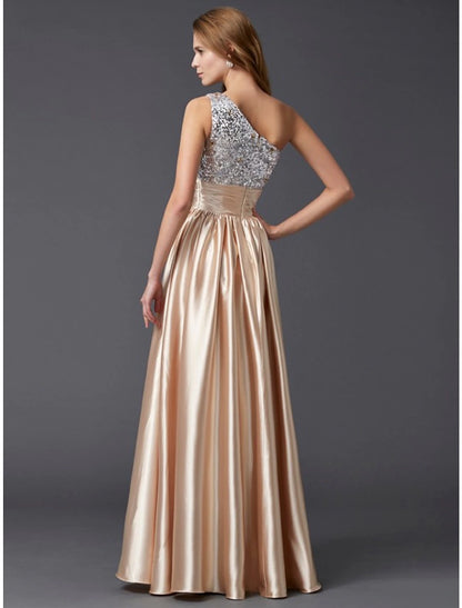 A-Line Prom Dresses Sparkle & Shine Dress Party Wear Floor Length Sleeveless One Shoulder Charmeuse with Pleats Sequin