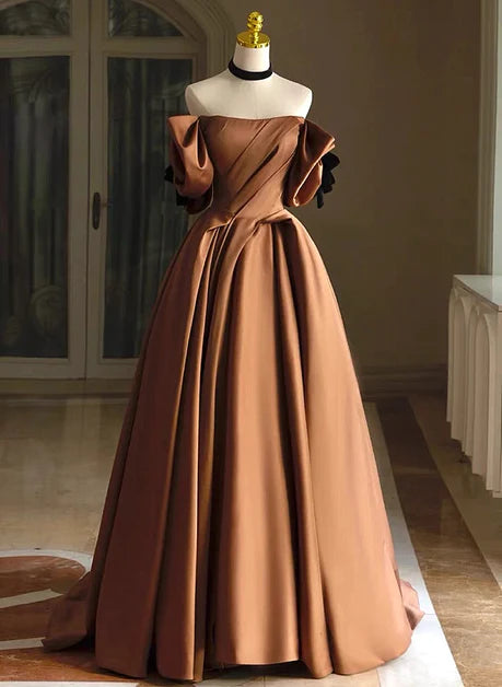 Noble A-line brown satin off shoulder round ball dress, princess brown strapless short sleeved off back satin evening dress