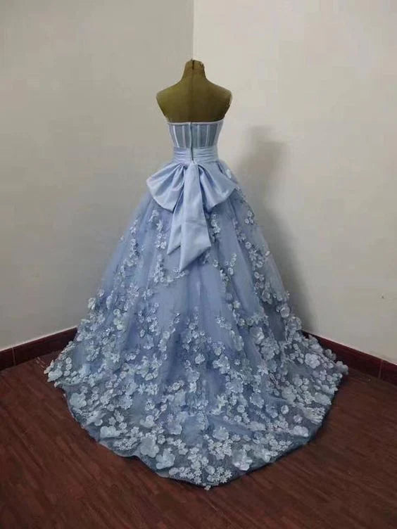 Beautiful Blue Flower Lace Sweetheart Long Party Dress, Blue Evening Dress Prom Dresses