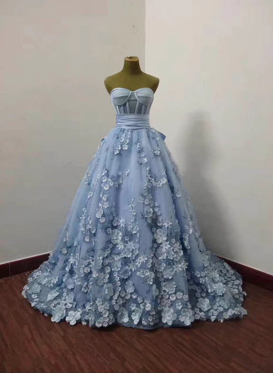 Beautiful Blue Flower Lace Sweetheart Long Party Dress, Blue Evening Dress Prom Dresses