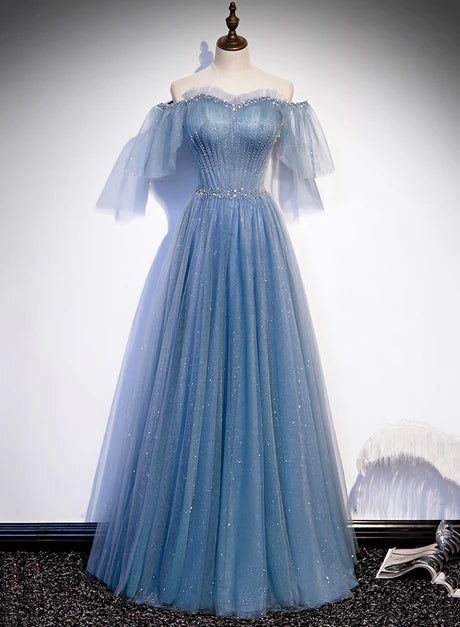 Charming light blue sheer bubble sleeves and floor to floor party dress, blue A-line strapless long evening dress