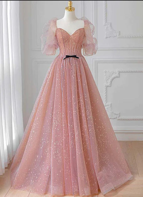 Pink sheer beautiful bubble sleeve long ball dress, pink A-line backless star print and floor length evening dress