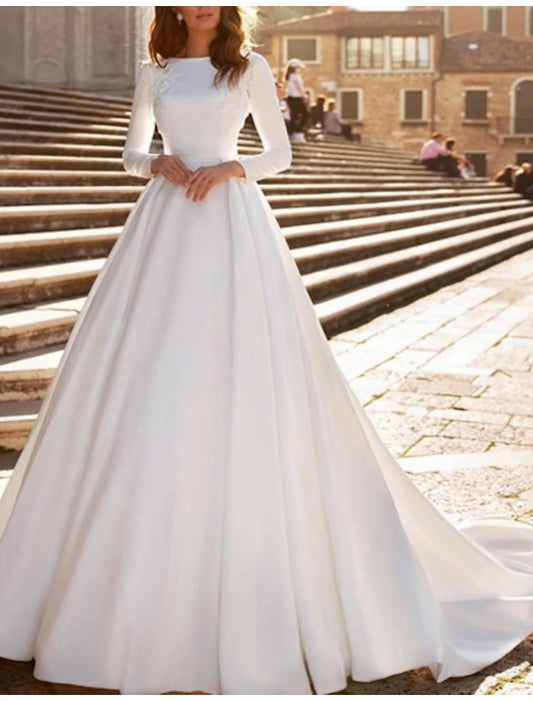 Engagement Royal Style Formal Wedding Dresses Ball Gown Scoop Neck Long Sleeve Court Train Satin Bridal Gowns With Beading Appliques