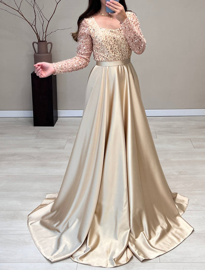 A-Line Evening Gown Elegant Dress Wedding Guest Fall Court Train Long Sleeve Scoop Neck Satin with Pearls