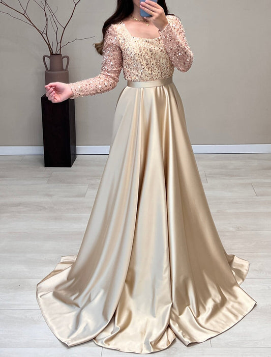 A-Line Evening Gown Elegant Dress Wedding Guest Fall Court Train Long Sleeve Scoop Neck Satin with Pearls