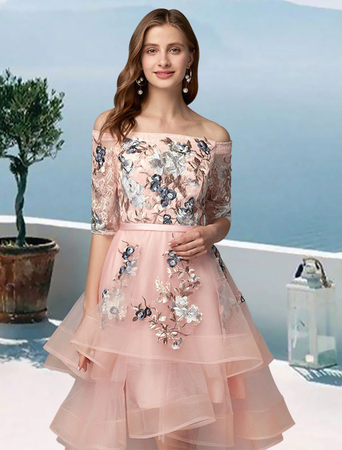 A-Line Prom Dresses Floral Dress Evening Party Asymmetrical Half Sleev