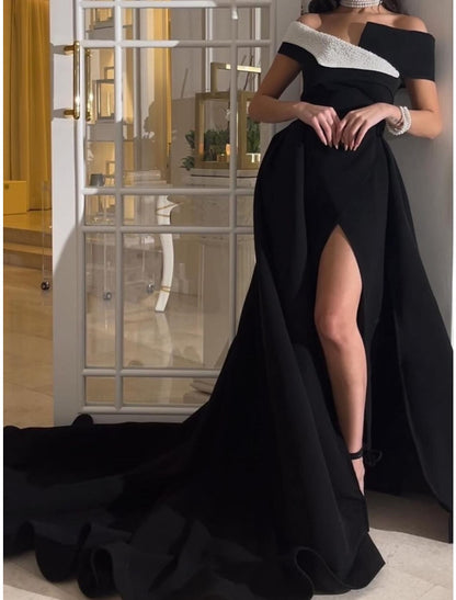 A-Line Evening Gown Elegant Dress Formal Court Train Black Dress Short Sleeve Off Shoulder Polyester with Pleats Beading Slit