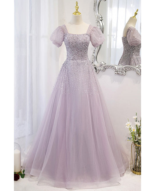 Beautiful lavender square neckline, fluffy short sleeved beaded sequin ball dress, lavender A-line backless and floor length evening dress