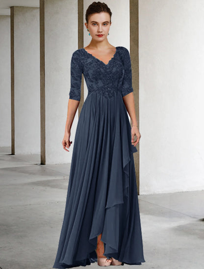 Two Piece A-Line Mother of the Bride Dress Plus Size Elegant High Low V Neck Asymmetrical Floor Length Chiffon Lace Half Sleeve Wrap Included Jacket Dresses with Pleats Appliques