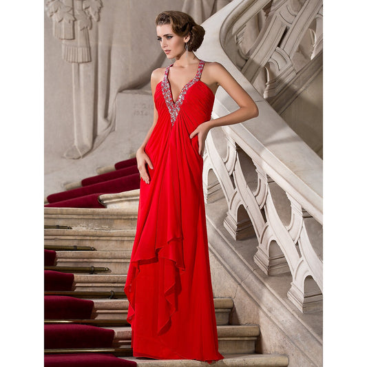 A-Line Celebrity Style Dress Formal Evening Floor Length Sleeveless Plunging Neck Chiffon with Beading