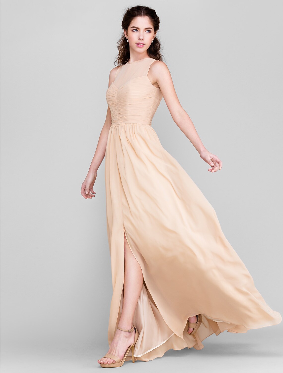 Sheath / Column Bridesmaid Dress Jewel Neck Sleeveless Elegant Floor Length Chiffon with Ruched / Split Front