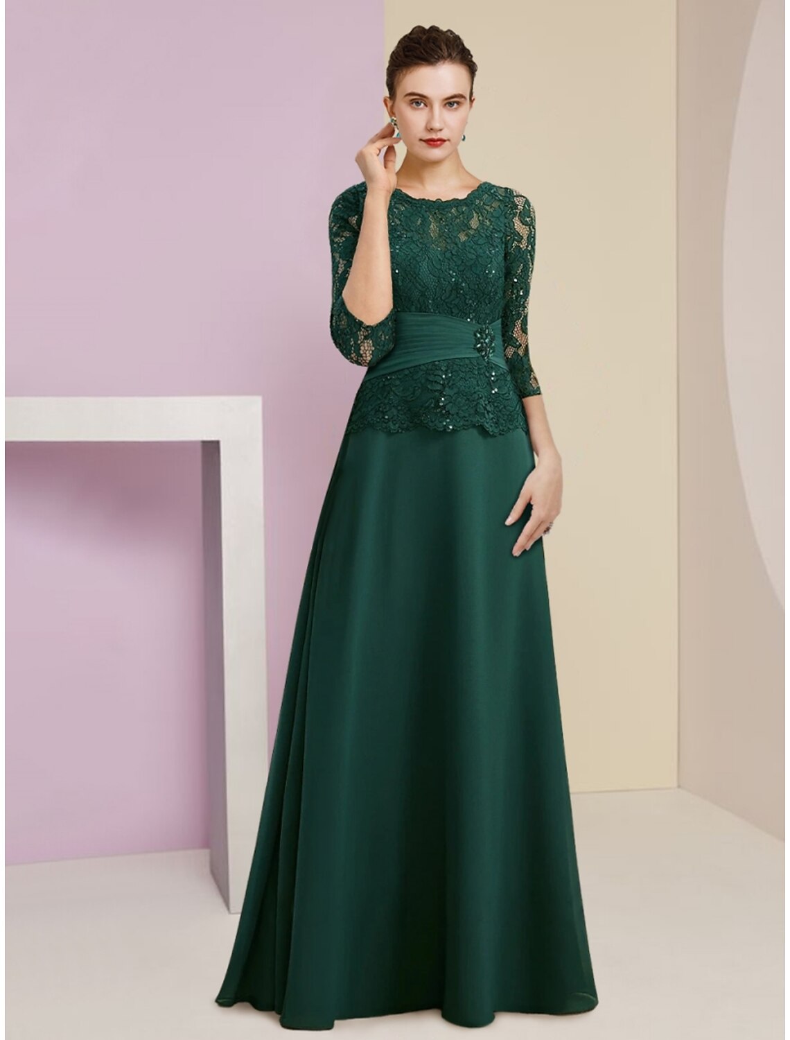 A-Line Mother of the Bride Dress Wedding Guest Elegant Scoop Neck Floor Length Stretch Chiffon 3/4 Length Sleeve with Lace Sequin Ruching