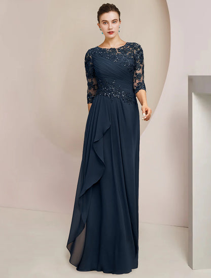 A-Line Mother of the Bride Dress Formal Wedding Guest Elegant Jewel Neck Floor Length Chiffon Lace Sequined Half Sleeve with Sequin Ruching
