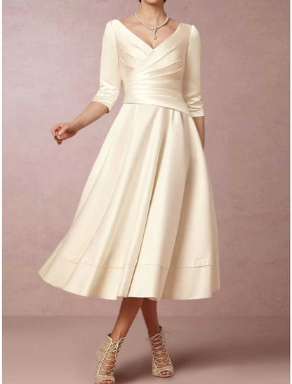 A-Line Mother of the Bride Dress Simple Elegant V Neck Tea Length Satin Half Sleeve with Pleats Ruched