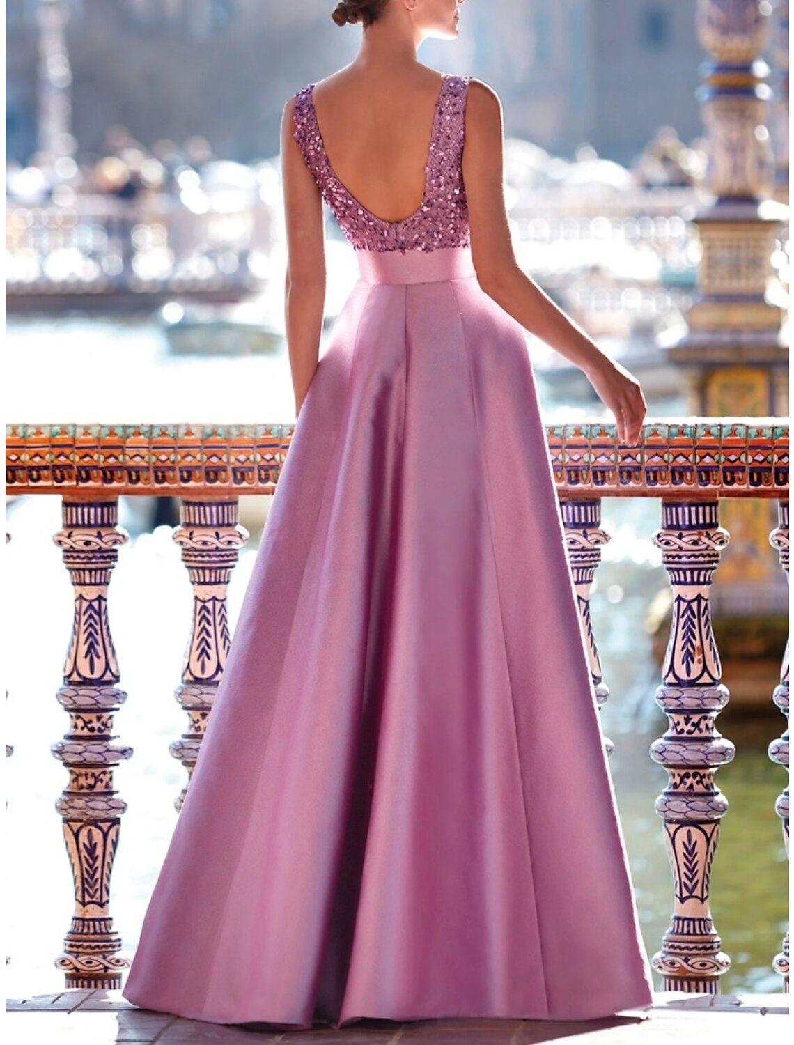 A-Line Evening Gown Elegant Dress Formal Floor Length Sleeveless V Neck Satin with Pleats Strappy