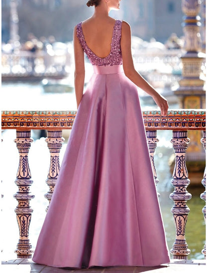 A-Line Evening Gown Elegant Dress Formal Floor Length Sleeveless V Neck Satin with Pleats Strappy