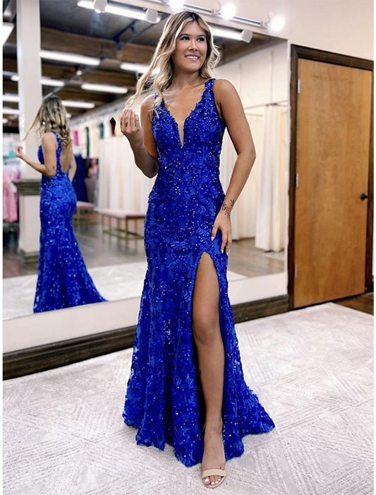 Mermaid / Trumpet Prom Dresses Sparkle & Shine Dress Formal Sweep / Brush Train Sleeveless V Neck Sequined Backless with Sequin