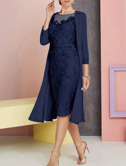 Two Piece Sheath / Column Mother of the Bride Dress Fall Wedding Guest Church Plus Size Vintage Elegant Bateau Neck Knee Length Chiffon Lace 3/4 Length Sleeve Jacket Dresses with Appliques
