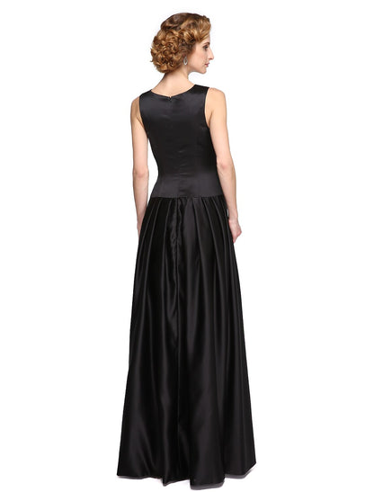 A-Line Jewel Neck Floor Length Stretch Satin Mother of the Bride Dress with Beading / Appliques / Draping