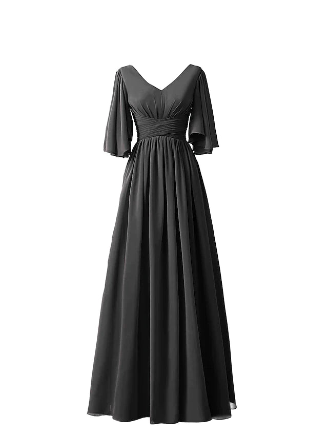 A-Line Bridesmaid Dress V Neck Half Sleeve Elegant Floor Length Chiffon with Pleats / RufflesA-Line Bridesmaid Dress V Neck Half Sleeve Elegant Floor Length Chiffon with Pleats / Ruffles