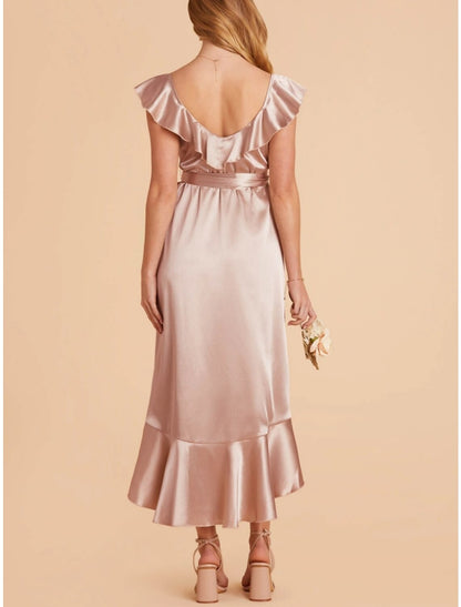 A-Line Bridesmaid Dress V Neck Short Sleeve Pink Asymmetrical Stretch Satin with Sash / Ribbon / Ruffles / Split Front