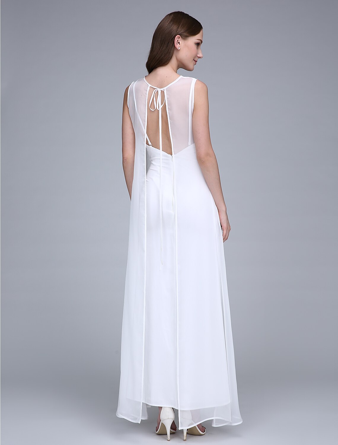 Sheath / Column Bridesmaid Dress Bateau Neck Sleeveless Open Back Ankle Length Chiffon / Jersey with Split Front