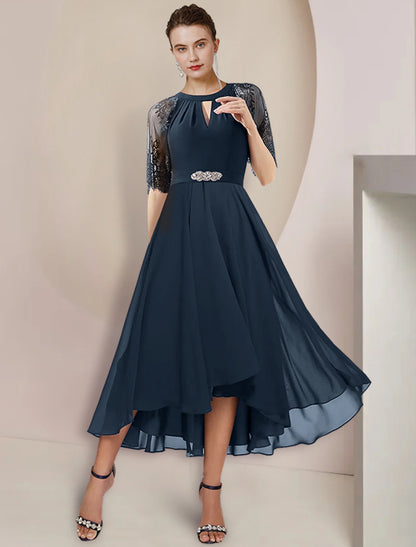 A-Line Mother of the Bride Dress Formal Wedding Guest Party Elegant High Low Scoop Neck Tea Length Chiffon Lace 3/4 Length Sleeve with Pleats Crystal Brooch