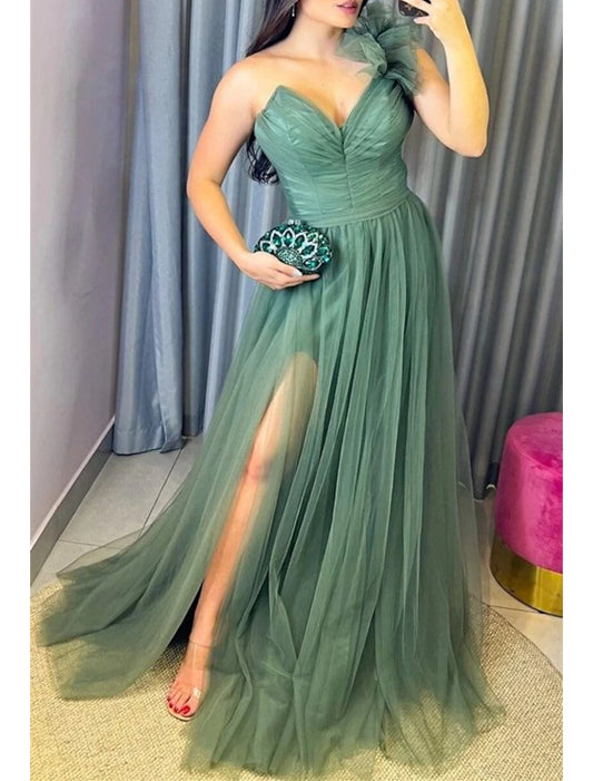 A-Line Evening Gown Plus Size Dress Formal Wedding Guest Court Train Sleeveless Strapless Tulle with Bow(s) Slit