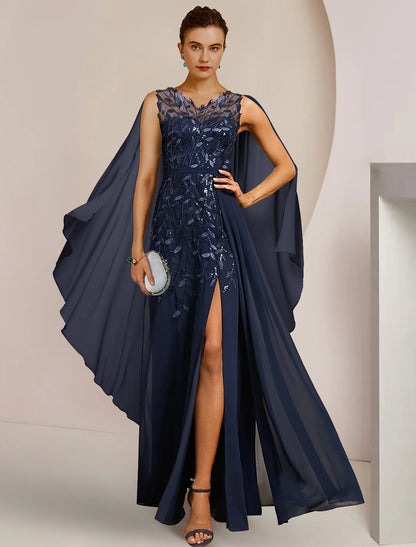 A-Line Mother of the Bride Dress Formal Wedding Guest Elegant V Neck Floor Length Chiffon Sequined Sleeveless with Appliques Split Front