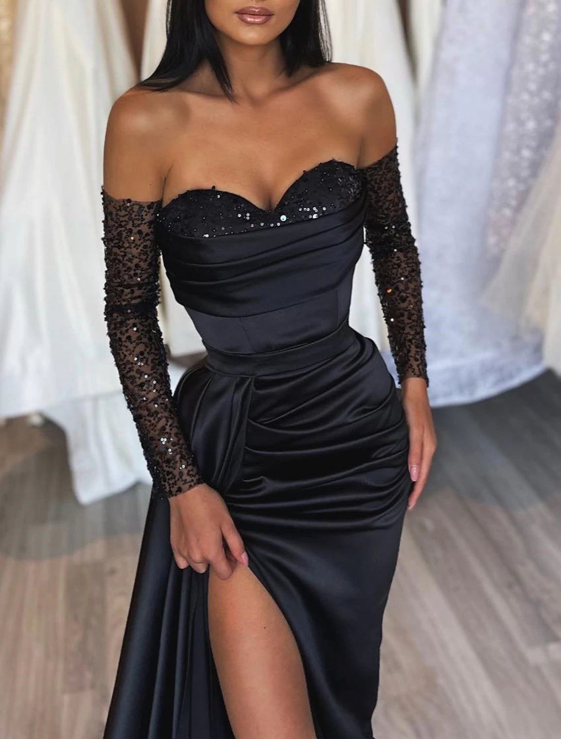 Mermaid Black Dress Evening Gown Black Dress Vintage Formal Wedding Party Court Train Long Sleeve Off Shoulder Satin with Ruched Sequin Slit